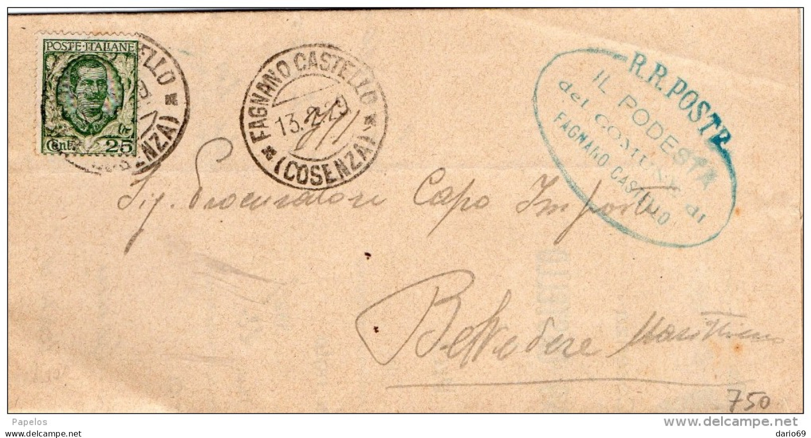 1929  LETTERA CON ANNULLO FAGNANO CASTELLO COSENZA - Storia Postale