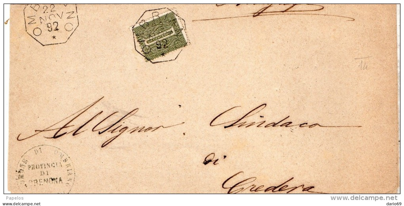 1892 LETTERA CON ANNULLO OMBRIANO  CREMA - Poststempel
