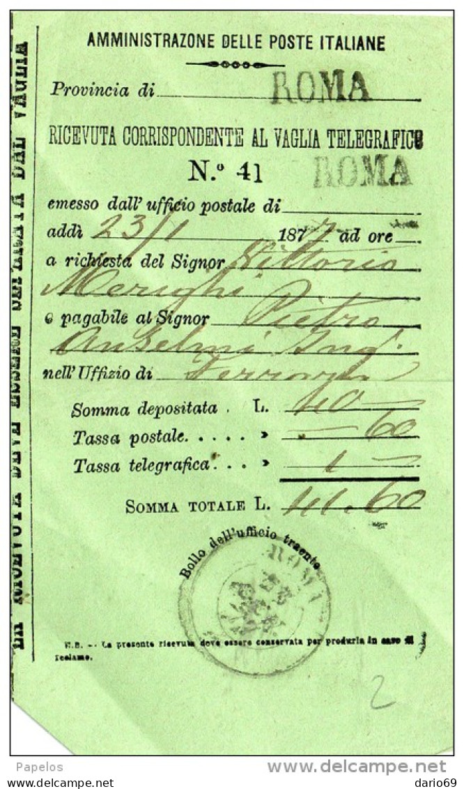 1877  RICEVUTA VAGLIA TELEGRAFICO - Marcophilia