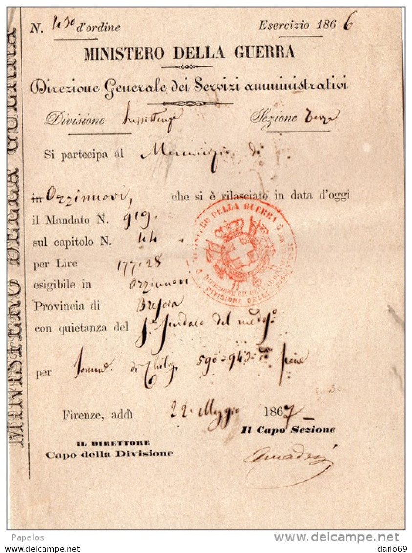 1866 MINISTERO DELLA GUERRA - Historical Documents
