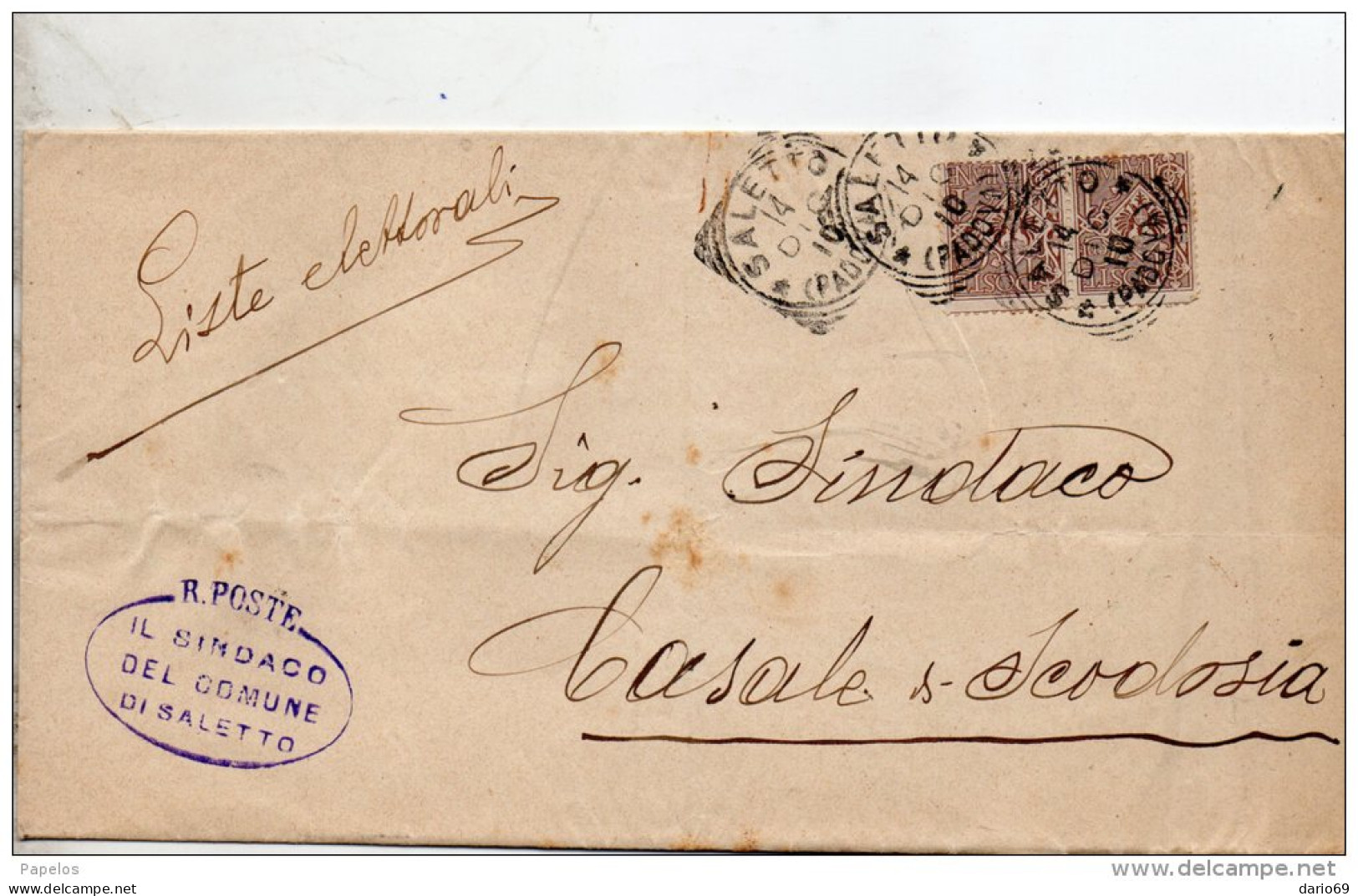 1910  LETTERA  CON ANNULLO SALETTO PADOVA - DENTELLATURA SPOSTATA - Storia Postale