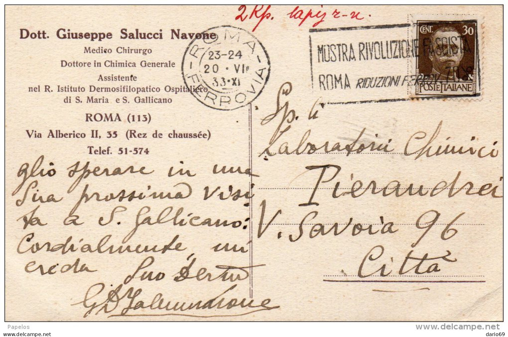 1933 CARTOLINA INTESTATA  CON ANNULLO ROMA - Marcophilie