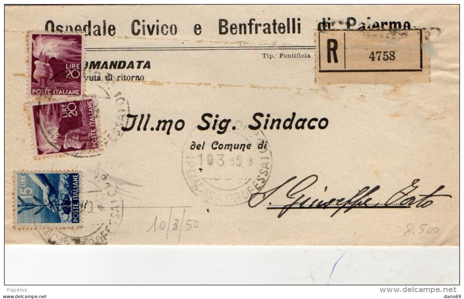 1950 LETTERA RACCOMANDATA CON ANNULLO PALERMO - 1946-60: Marcophilie