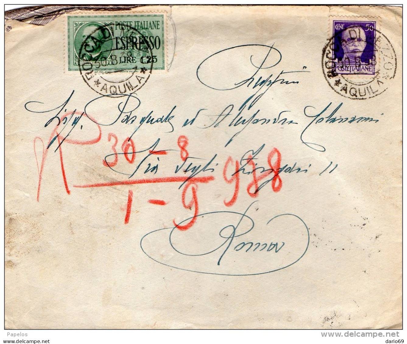 1938   LETTERA ESPRESSO   CON ANNULLO ROCCA DI MEZZO  AQUILA - Express Mail
