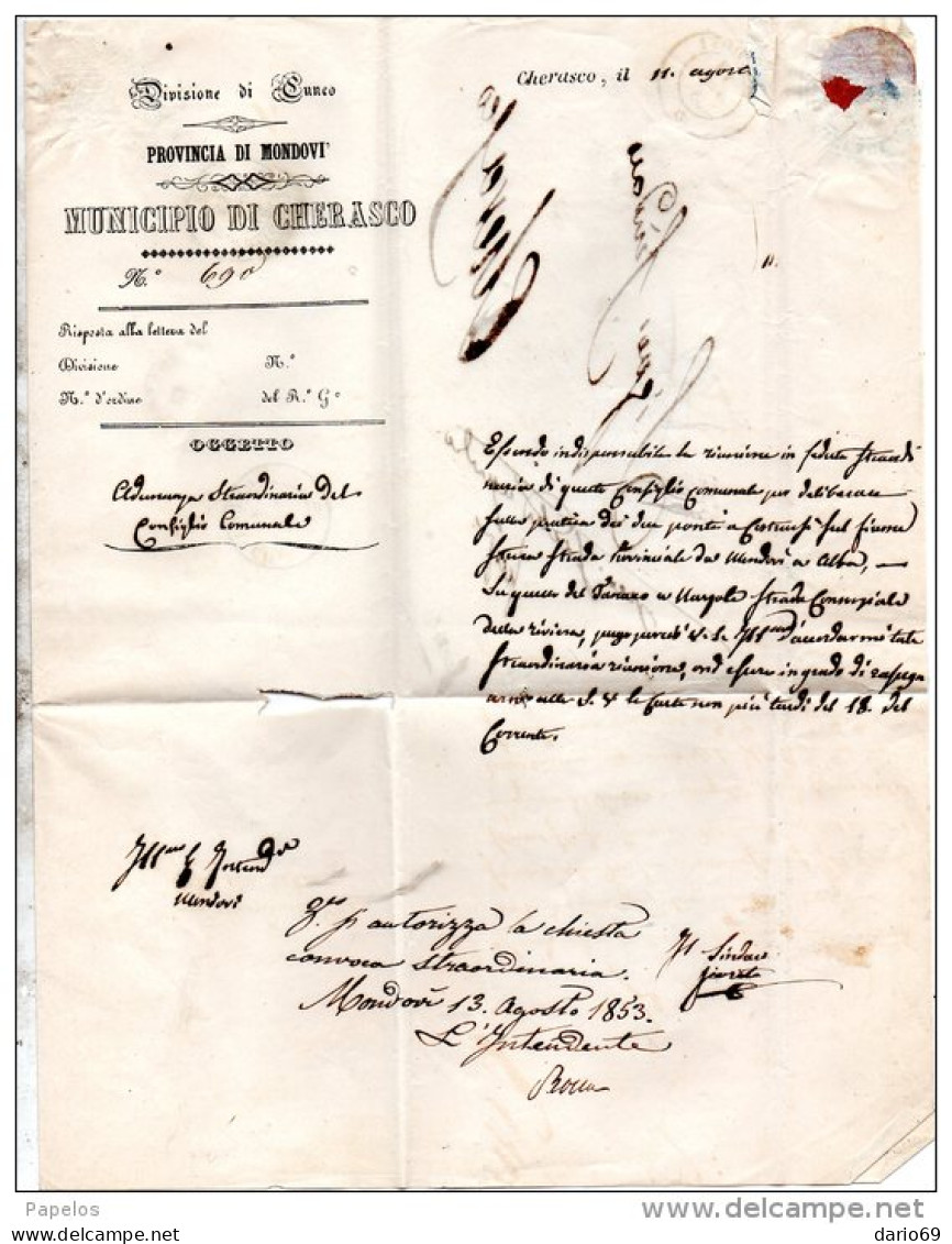 1853 LETTERA CON ANNULLO CHERASCO CUNEO  +  SAVIGLIANO - 1. ...-1850 Prephilately