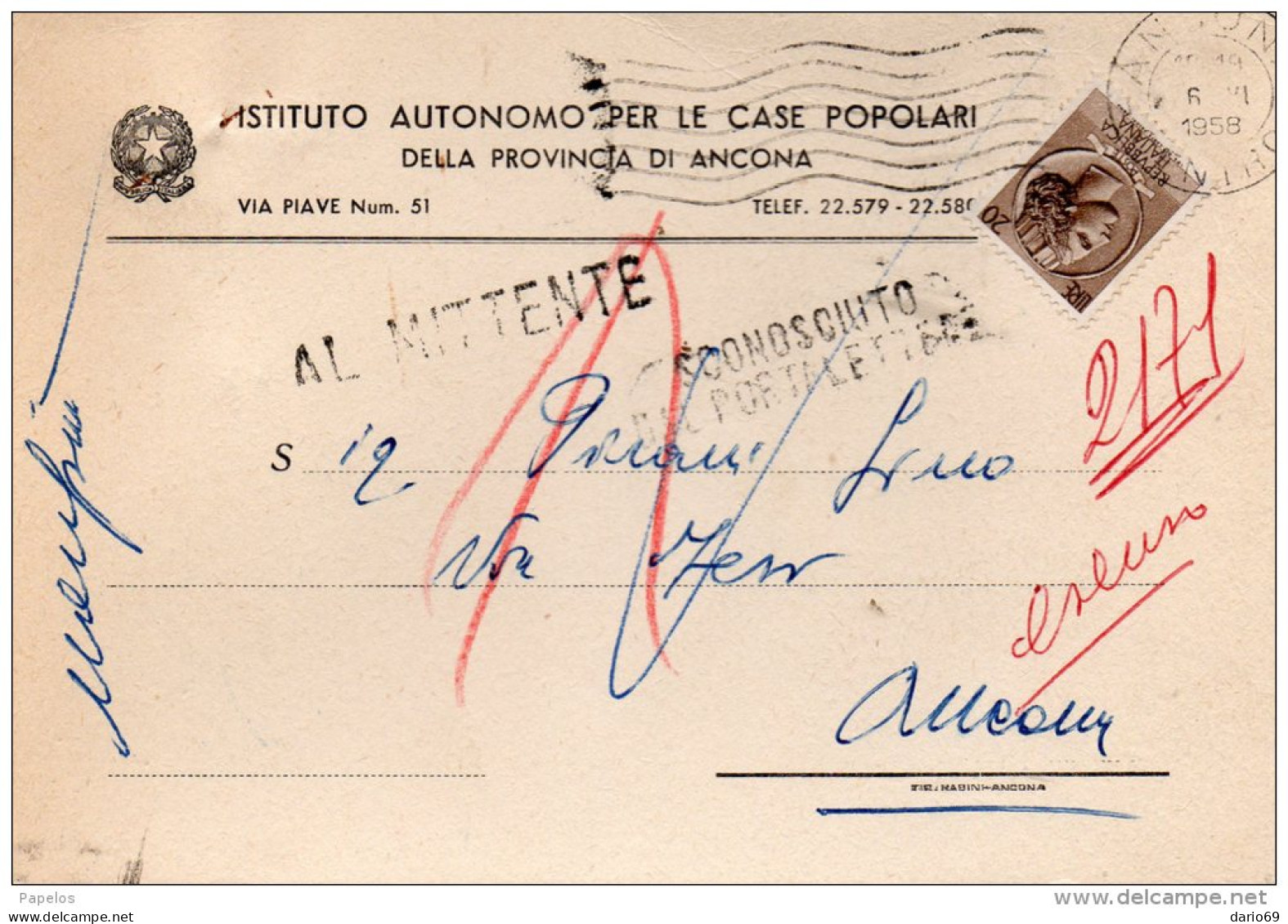1958   CARTOLINA CON ANNULLO ANCONA - 1946-60: Poststempel