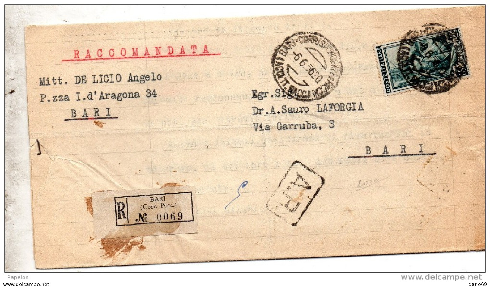 1956  LETTERA RACCOMANDATA CON ANNULLO BARI - 1946-60: Poststempel