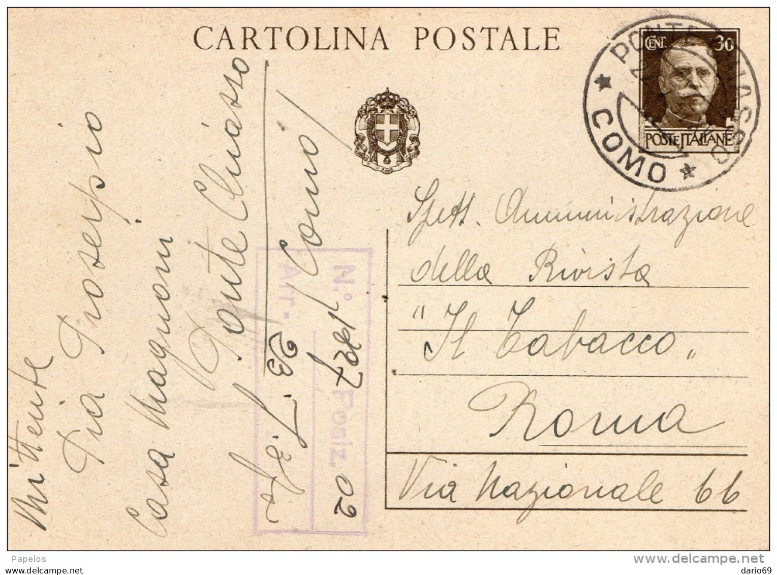 1937  CARTOLINA   CON ANNULLO PONTE CHIASSO  COMO - Stamped Stationery
