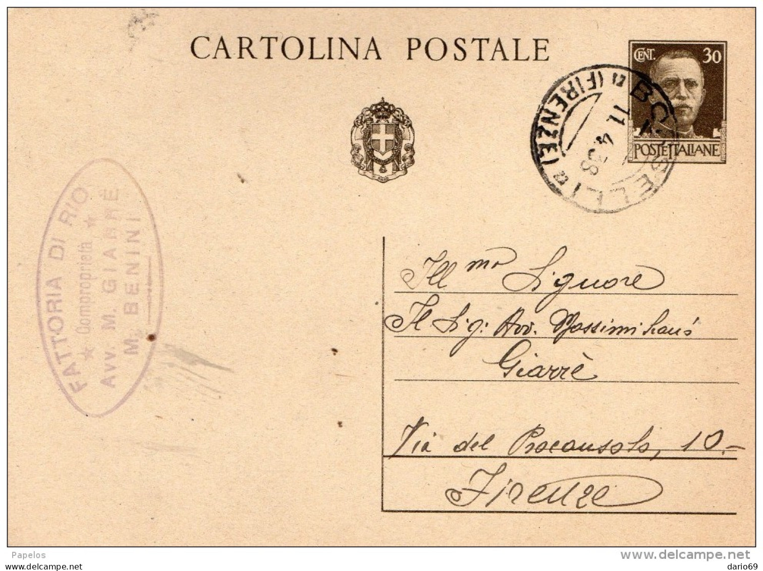 1938   CARTOLINA   CON ANNULLO BORSELLI FIRENZE - Stamped Stationery