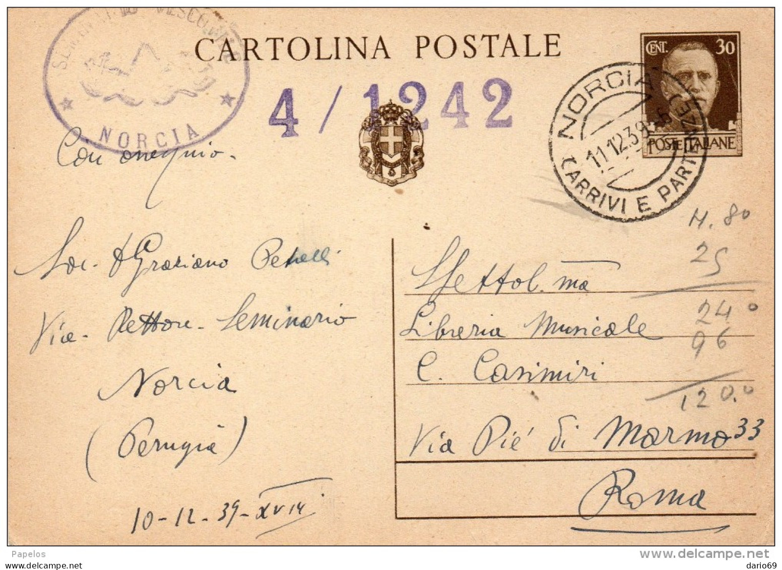 1939  CARTOLINA CON ANNULLO NORCIA PERUGIA - Stamped Stationery