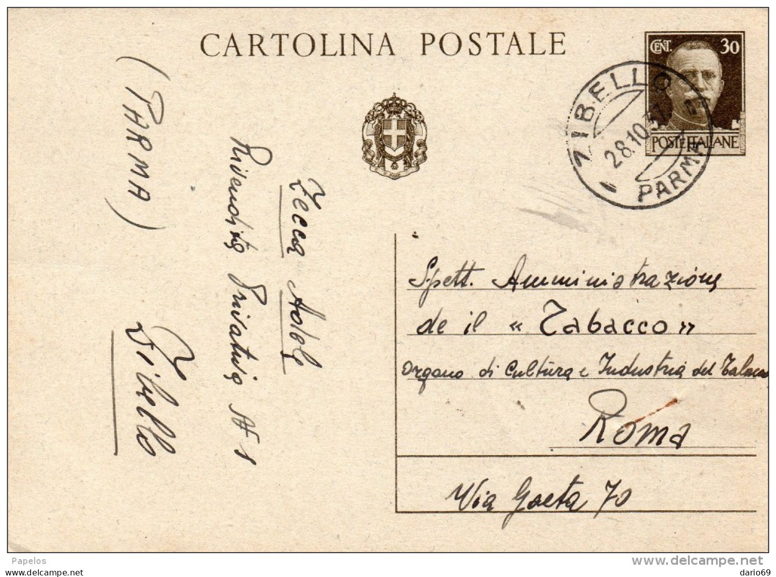 1937   CARTOLINA   CON ANNULLO ZIBELLO PARMA - Postwaardestukken