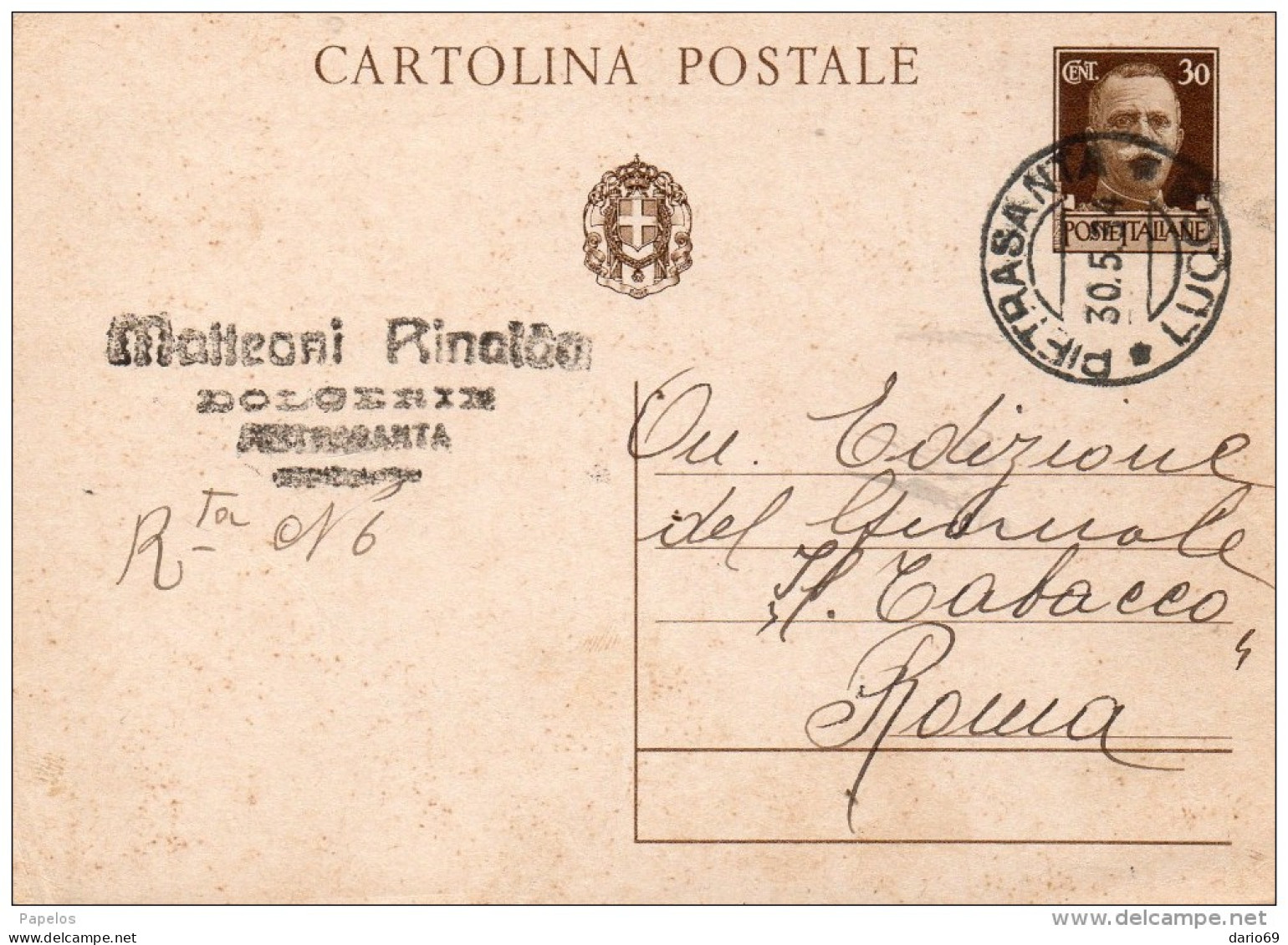 1934   CARTOLINA   CON ANNULLO  PIETRASANTA LUCCA - Marcophilia