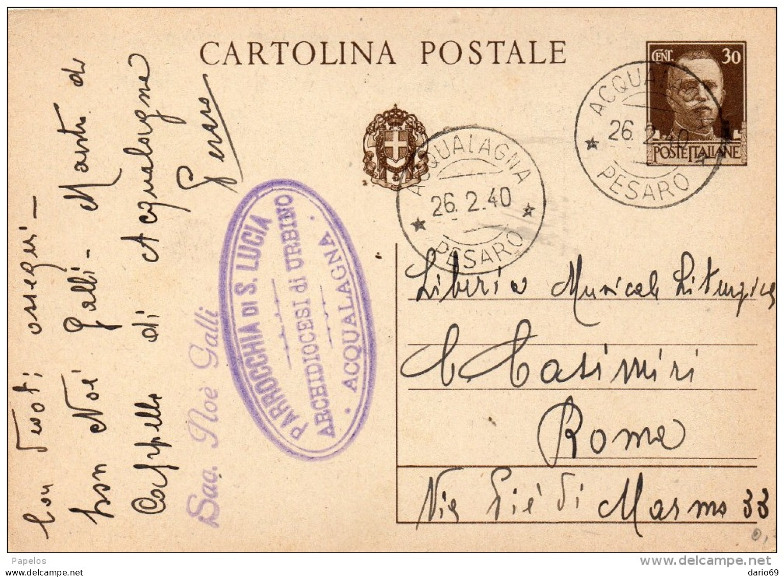 1940   CARTOLINA   CON ANNULLO ACQUALAGNA PESARO - Entiers Postaux