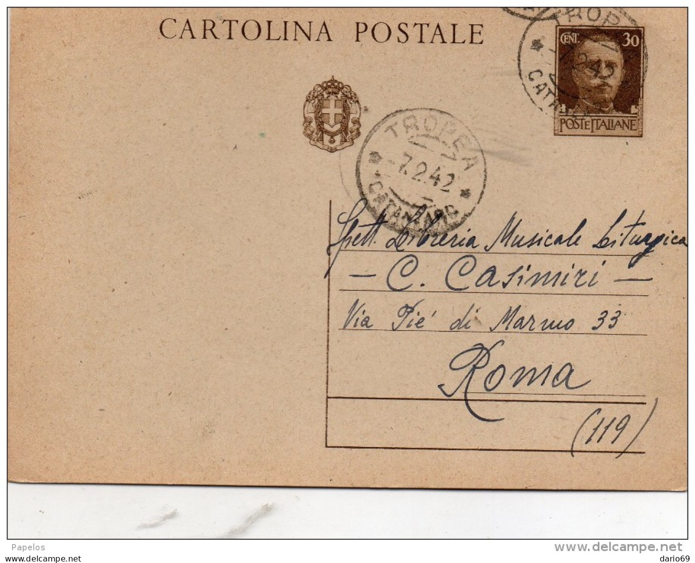 1942  CARTOLINA CON ANNULLO TROPEA CATANZARO - Postwaardestukken