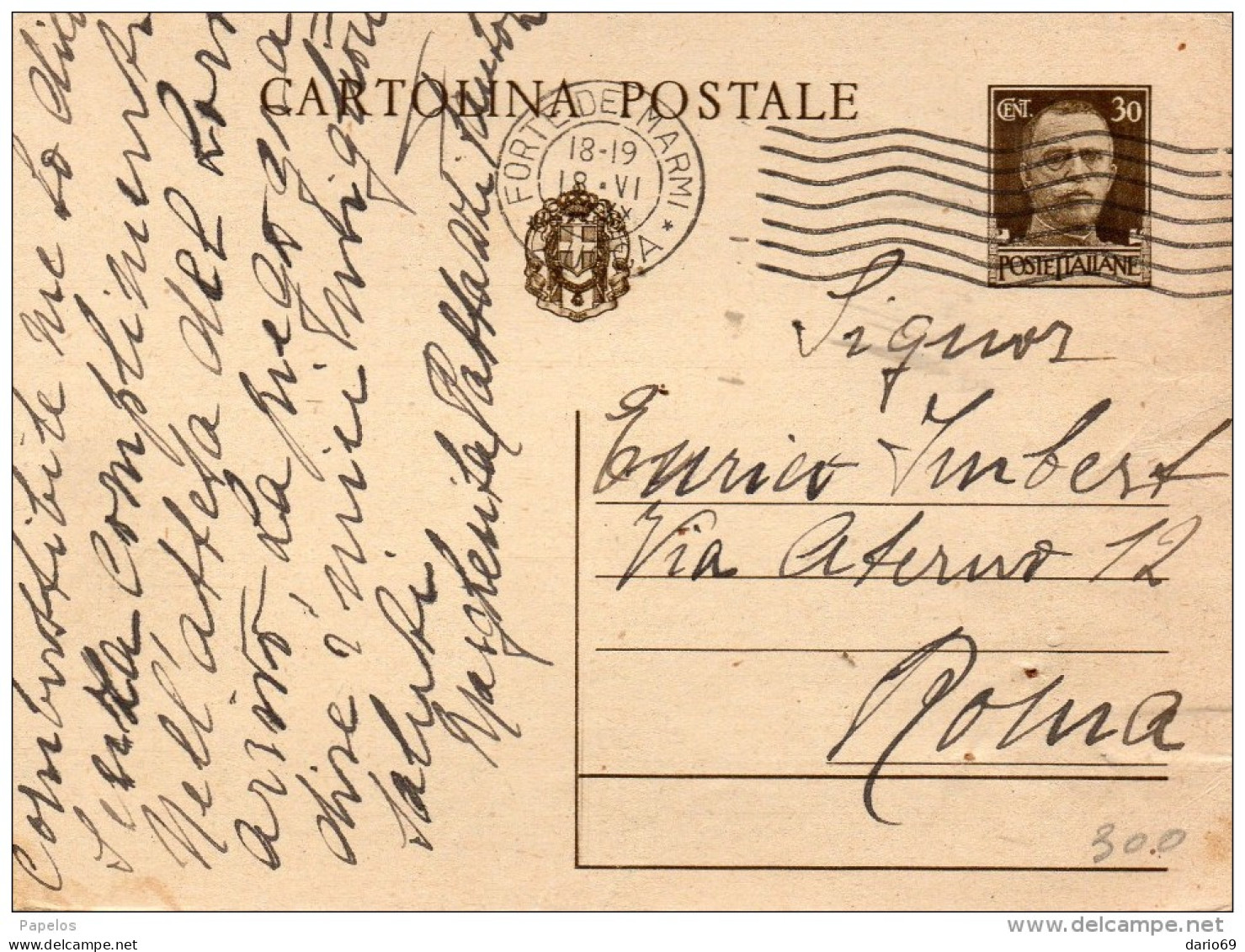 1939  CARTOLINA CON ANNULLO FORTE DEI MARMI LUCCA - Stamped Stationery