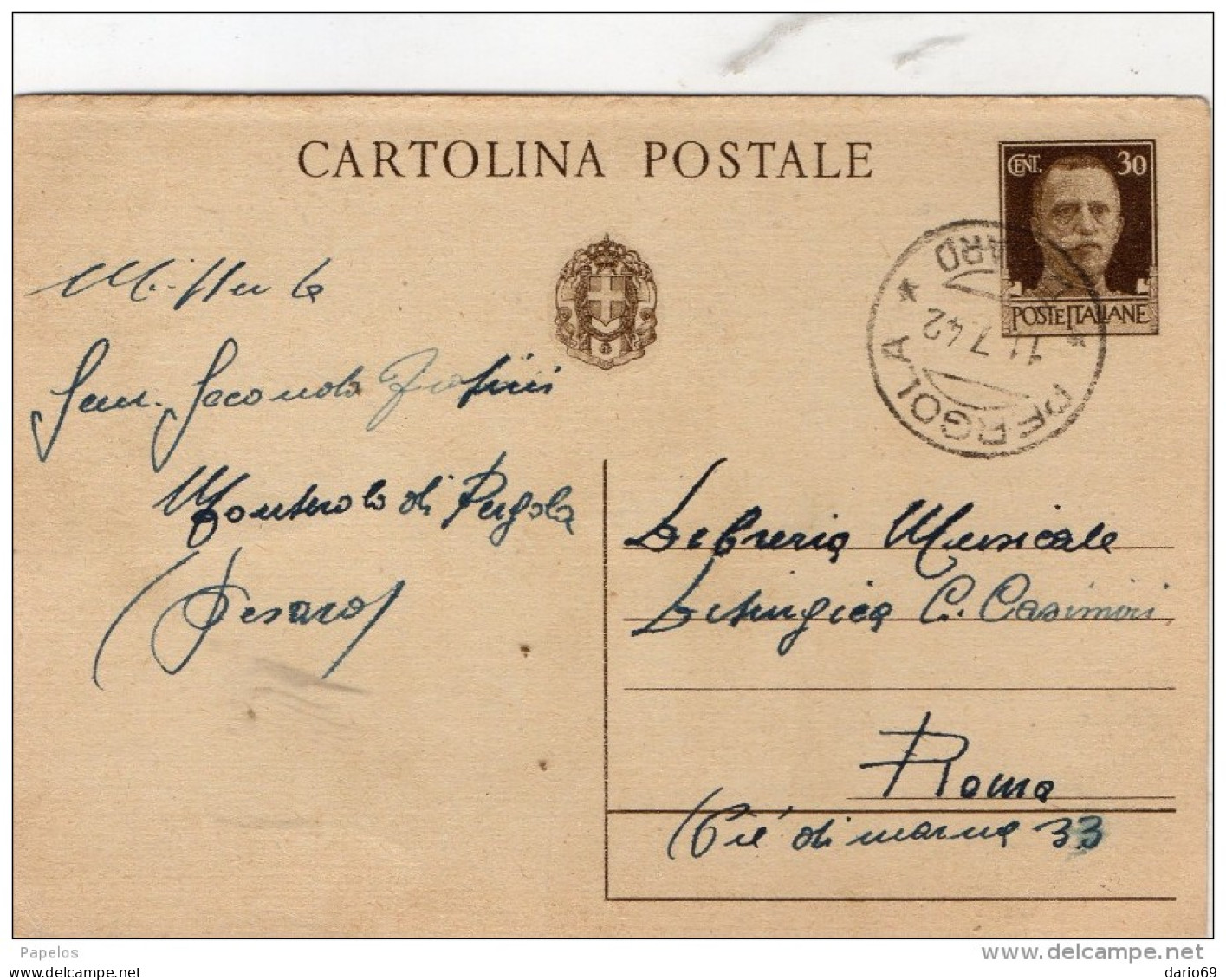 1942  CARTOLINA CON ANNULLO PERGOLA PESARO - Interi Postali