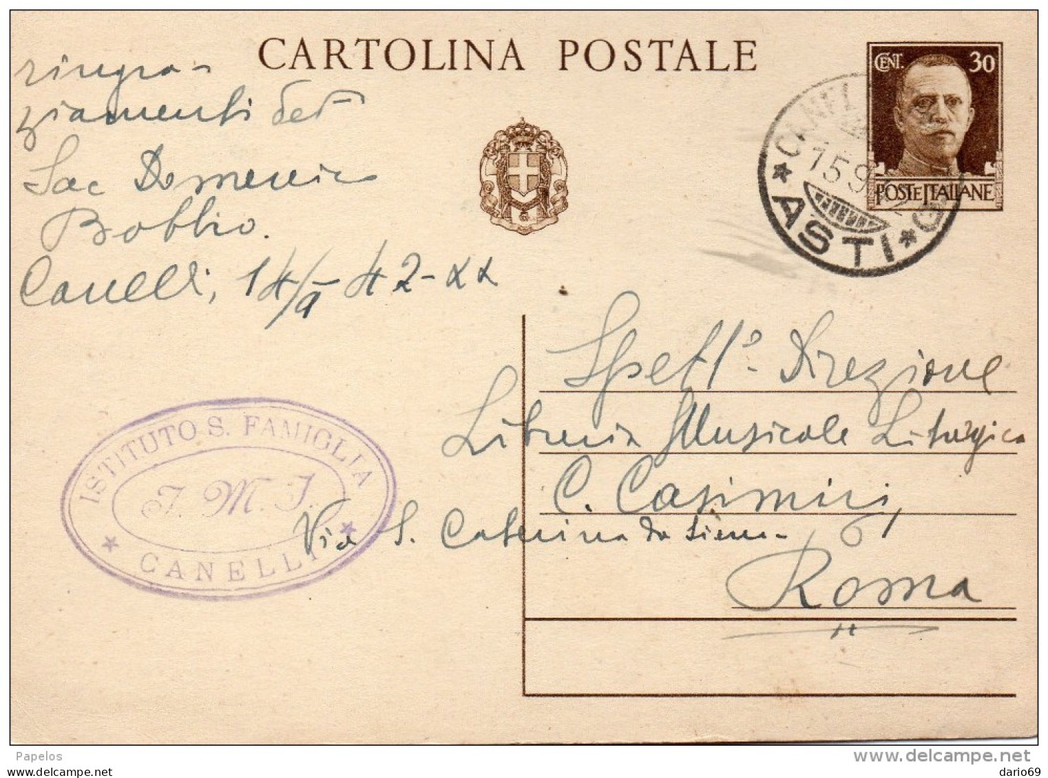 1942  CARTOLINA CON ANNULLO CANNELLI ASTI - Interi Postali