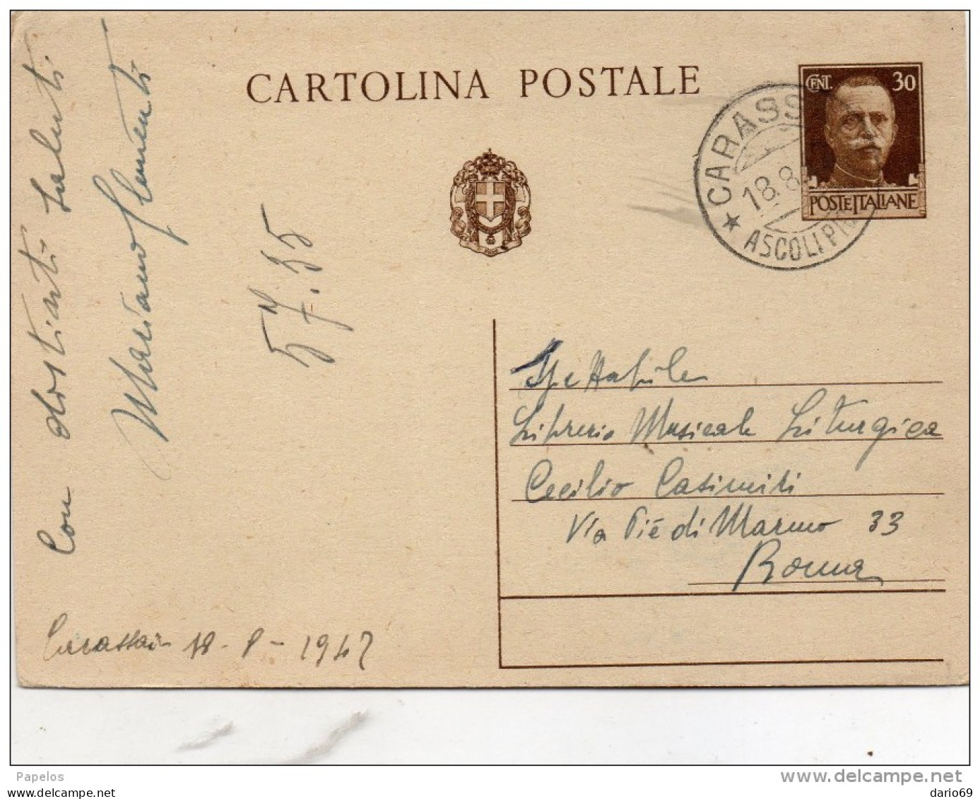 1942  CARTOLINA CON ANNULLO CARASSAI ASCOLI PICENO - Entiers Postaux