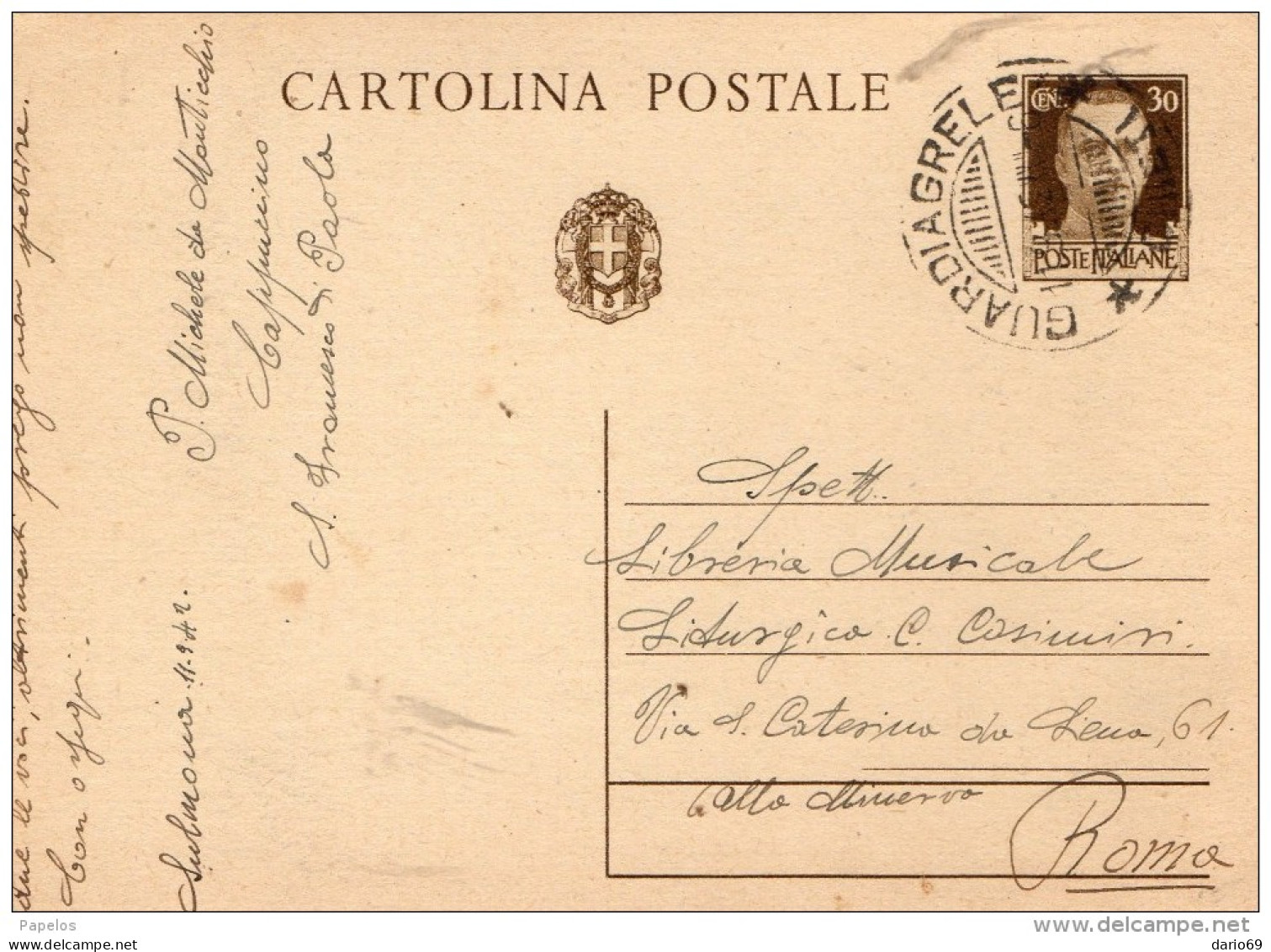 1942  CARTOLINA CON ANNULLO GUARDIAGRELE CHIETI - Stamped Stationery