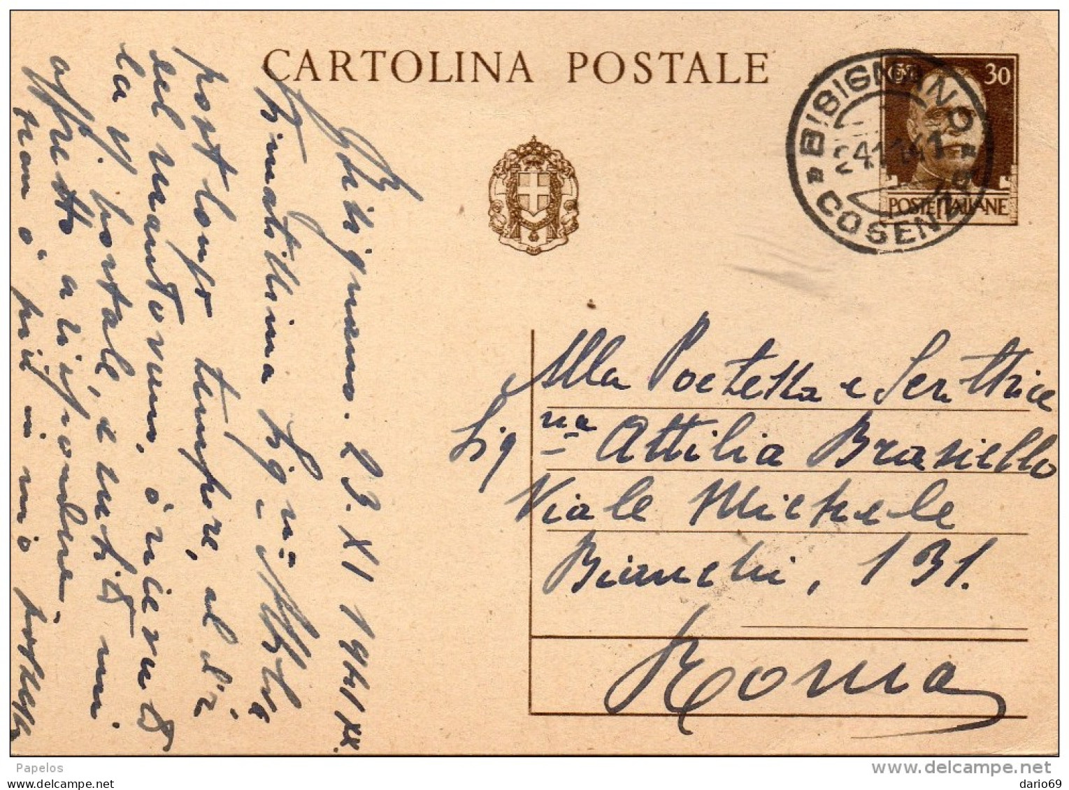 1941  CARTOLINA CON ANNULLO BISIGNANO COSENZA - Ganzsachen