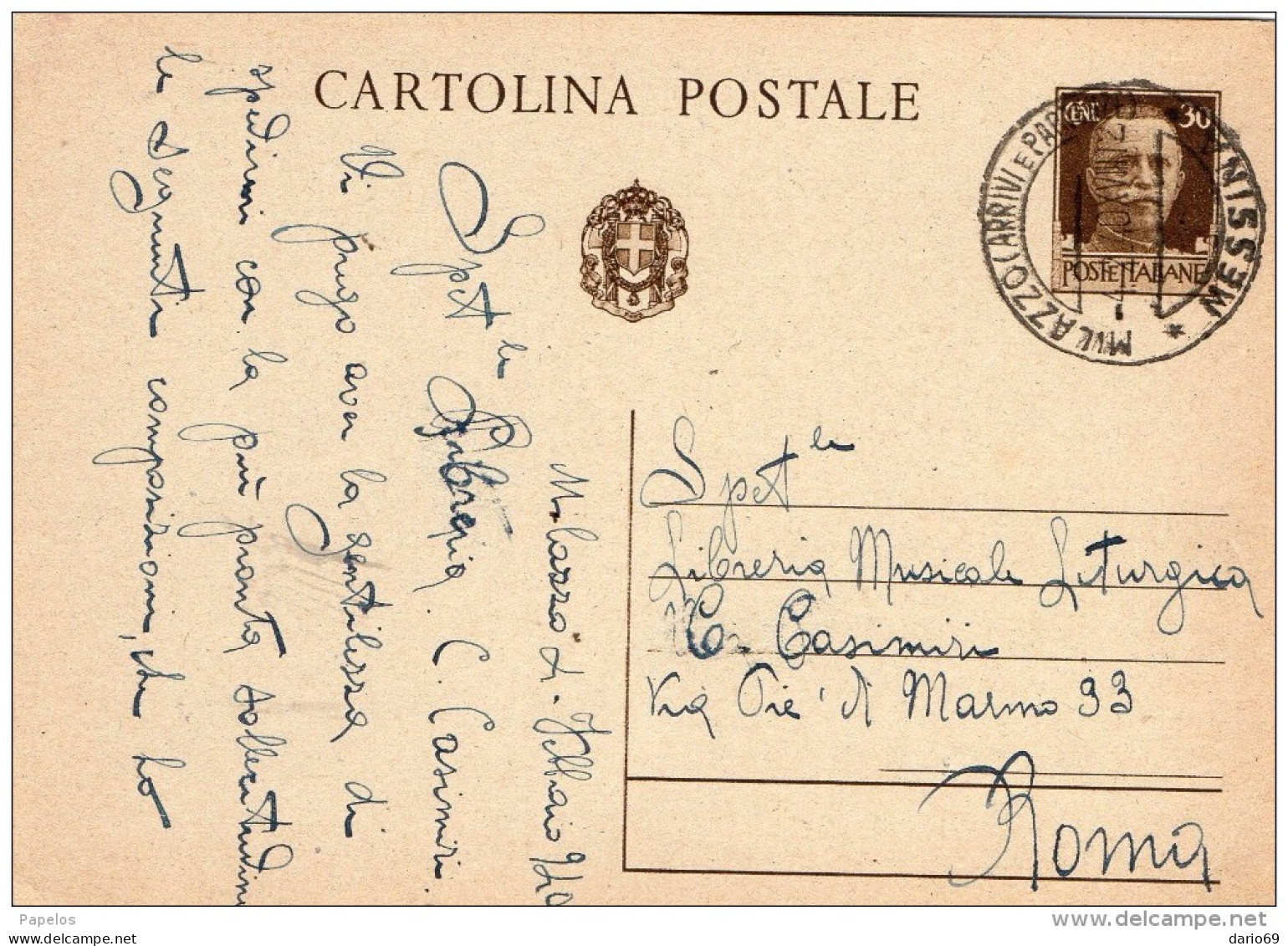 1940  CARTOLINA CON ANNULLO MILAZZO MESSINA - Stamped Stationery