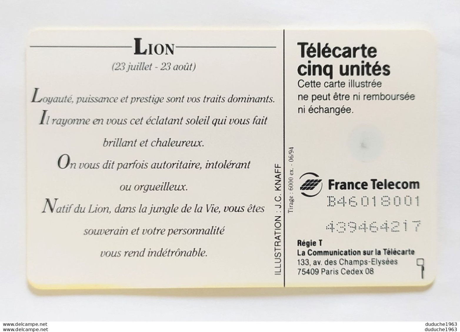 Télécarte France 5 Unités - Zodiaque Astrologie Lion - 5 Einheiten