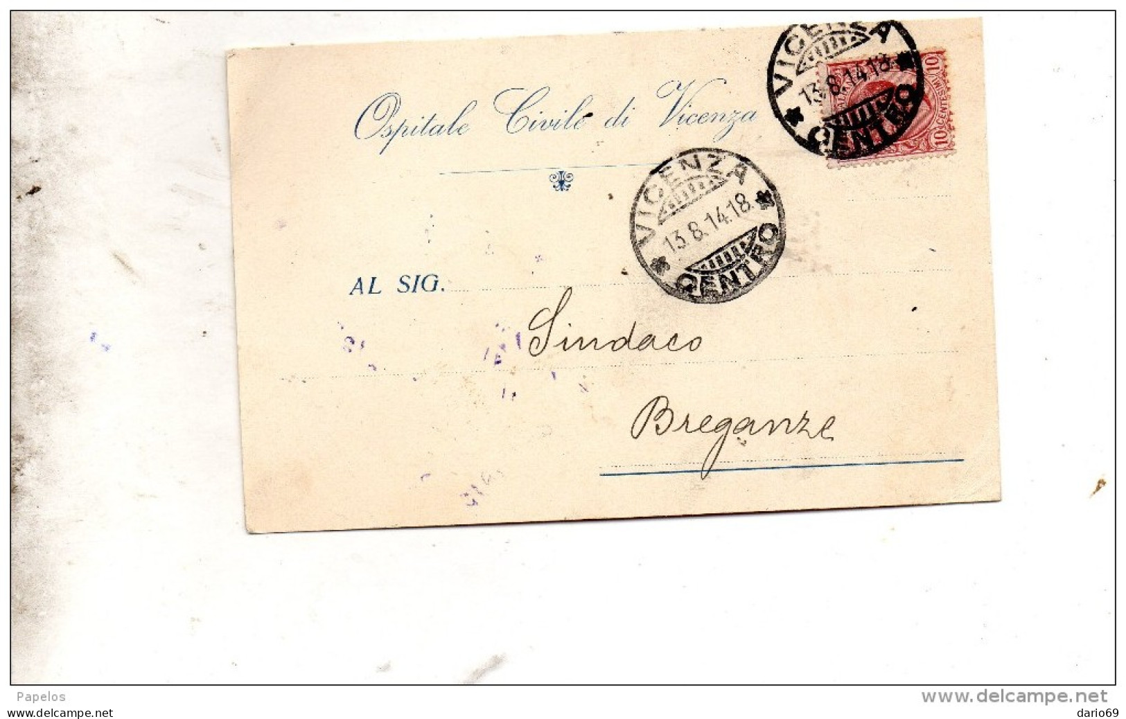 1914 CARTOLINA CON ANNULLO    VICENZA CENTRO - Poststempel