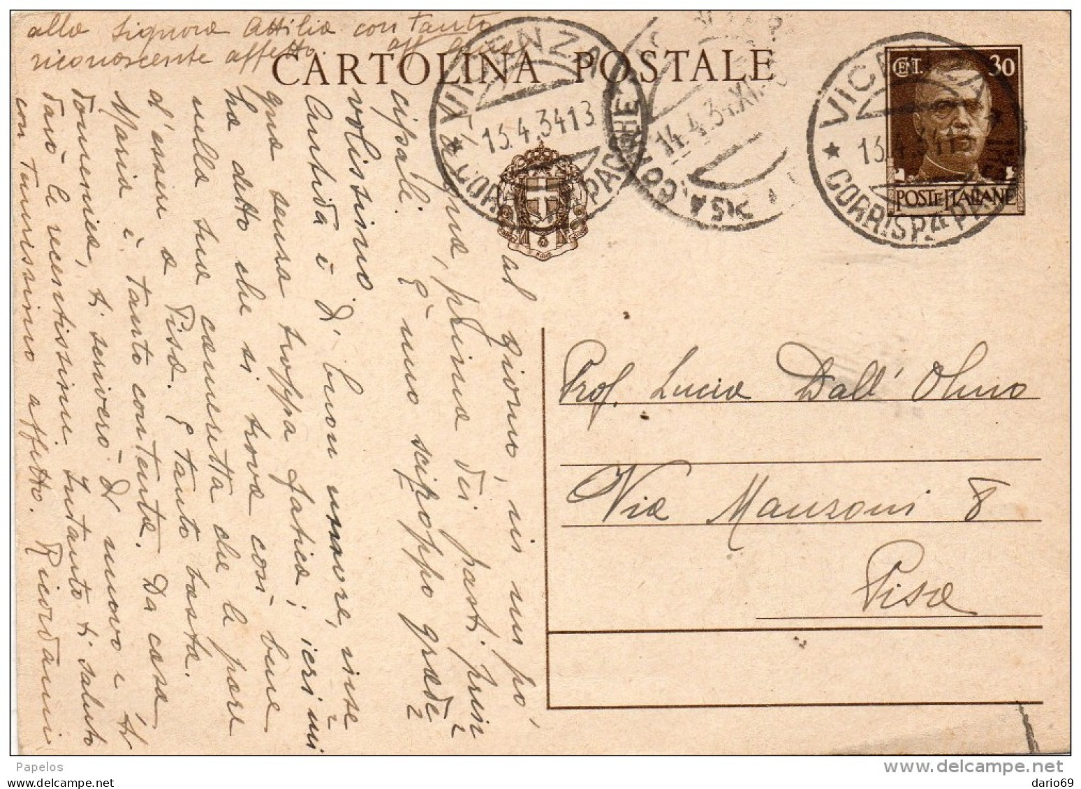 1934 CARTOLINA CON ANNULLO    VICENZA - Stamped Stationery