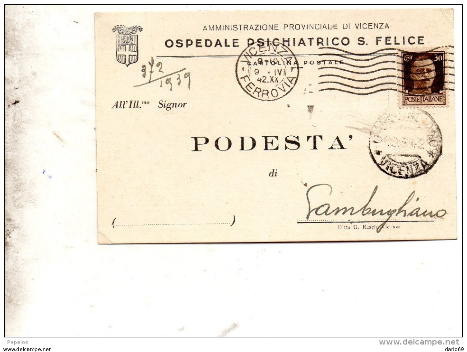 1942 CARTOLINA CON ANNULLO    VICENZA - Poststempel