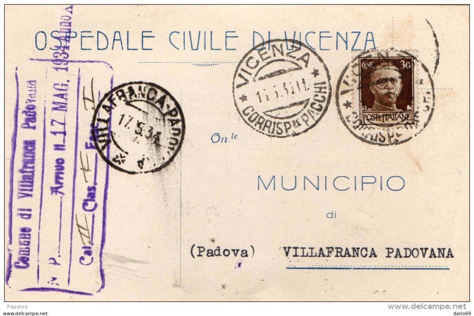 1934 CARTOLINA CON ANNULLO    VICENZA - Poststempel