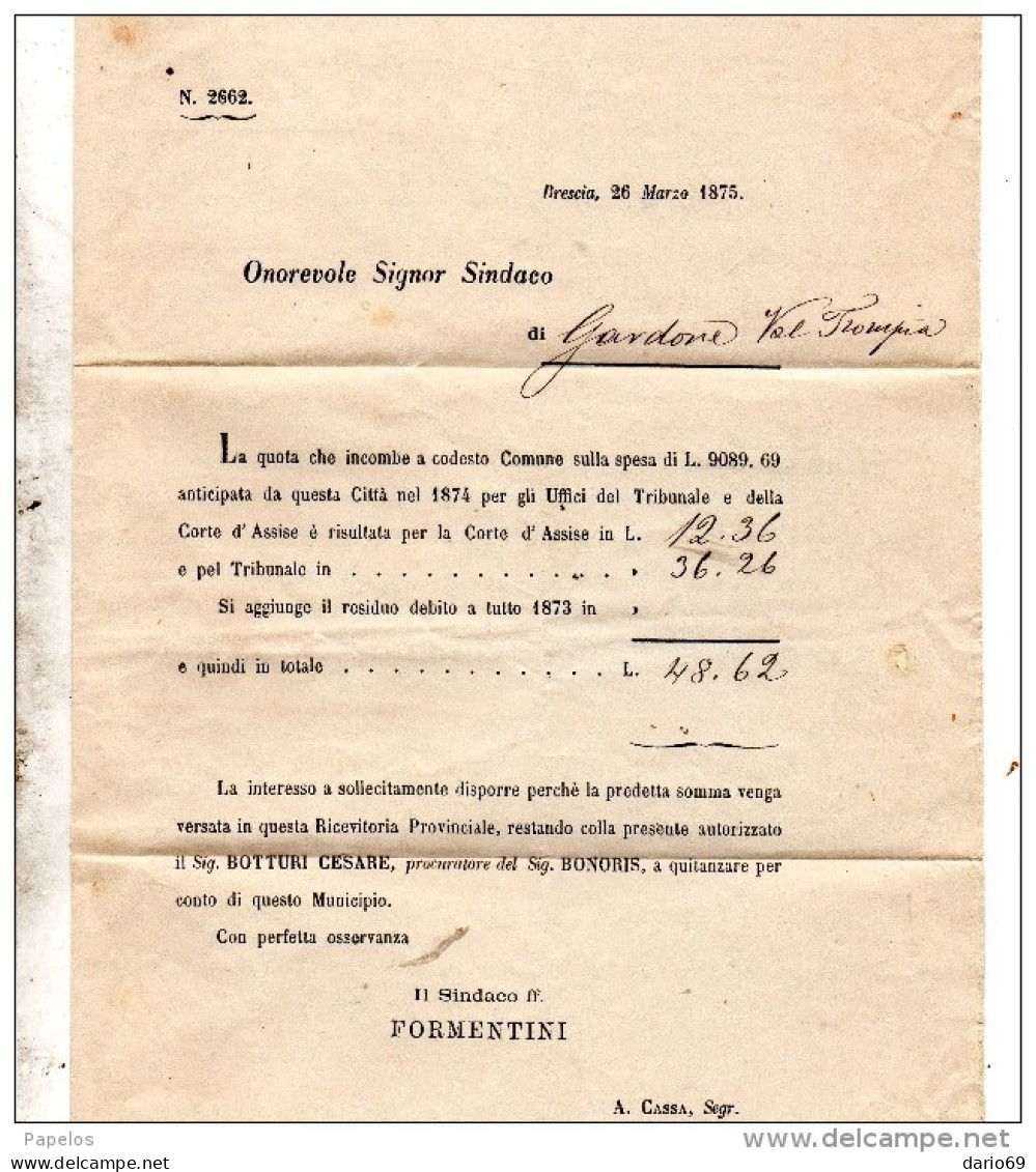 1875    LETTERA CON ANNULLO BRESCIA - Storia Postale