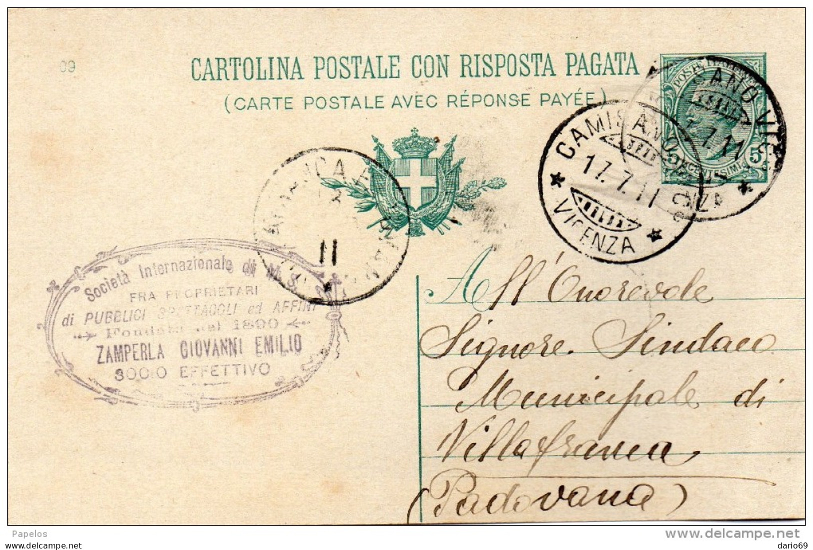 1911 CARTOLINA CON ANNULLO CAMISANO  VICENZA - Postwaardestukken