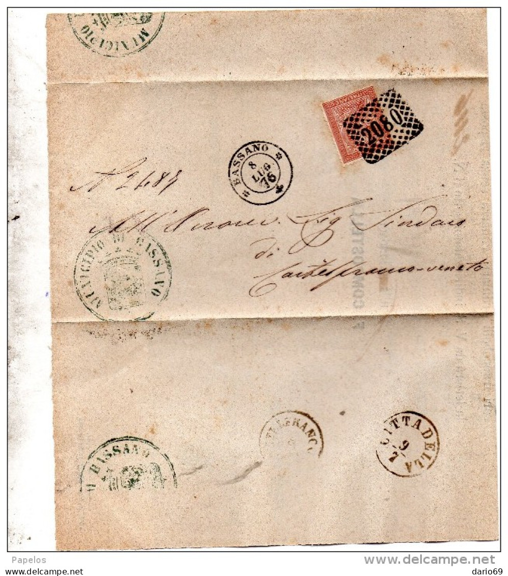 1876 LETTERA CON ANNULLO BASSANO  VICENZA + CITTADELLA - Storia Postale