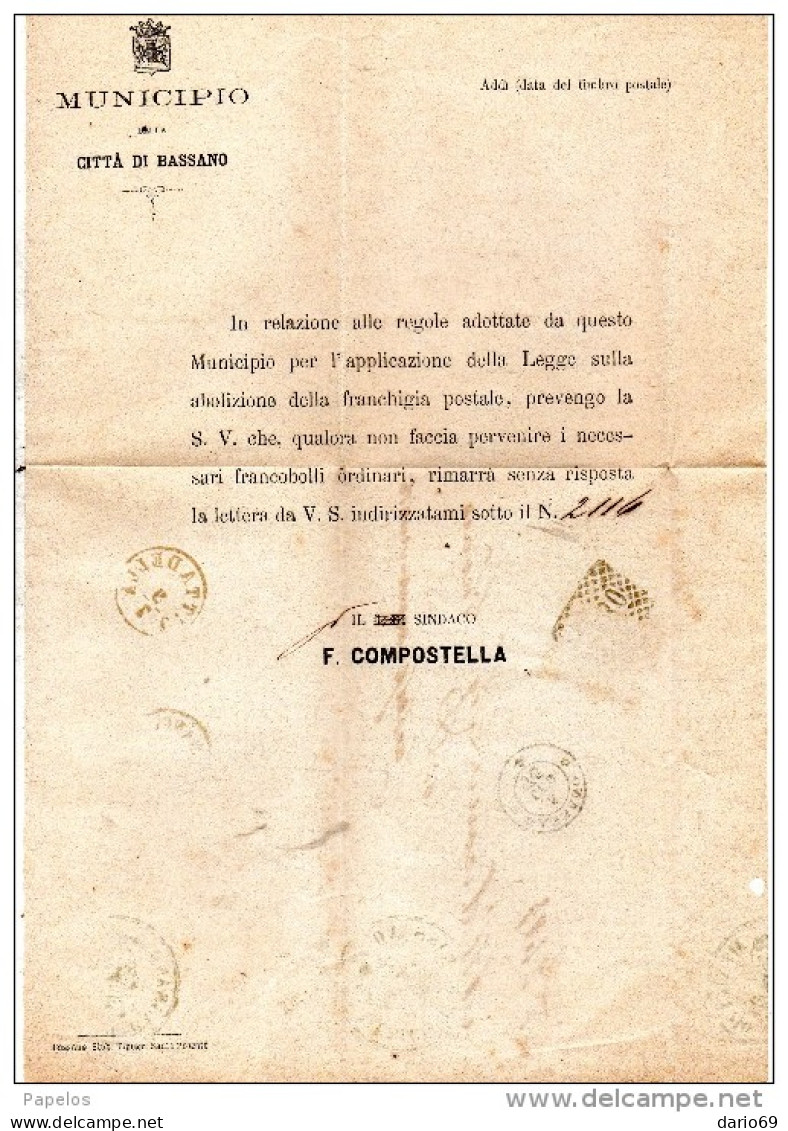 1876 LETTERA CON ANNULLO BASSANO  VICENZA + CITTADELLA - Marcophilia
