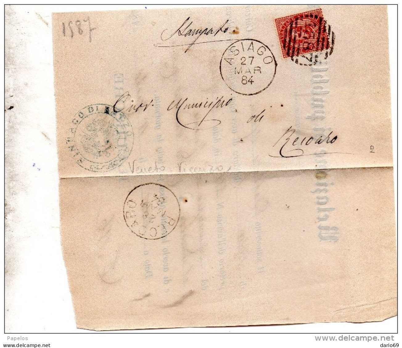 1884 LETTERA CON ANNULLO ASIAGO VICENZA + RECOARO - Marcofilie