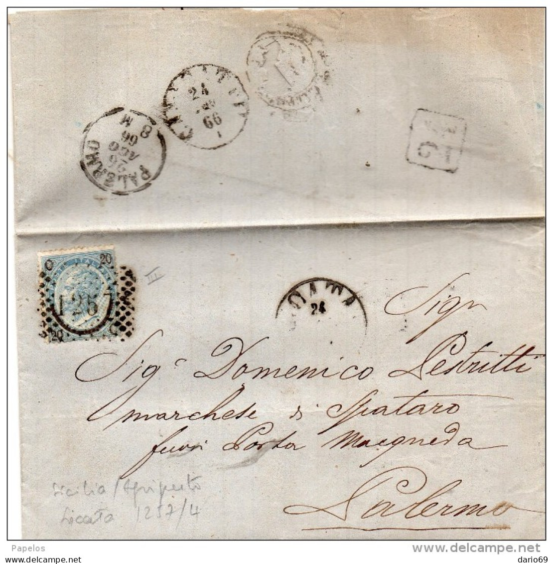 1866 LETTERA CON ANNULLO LICATA + PALERMO - Storia Postale