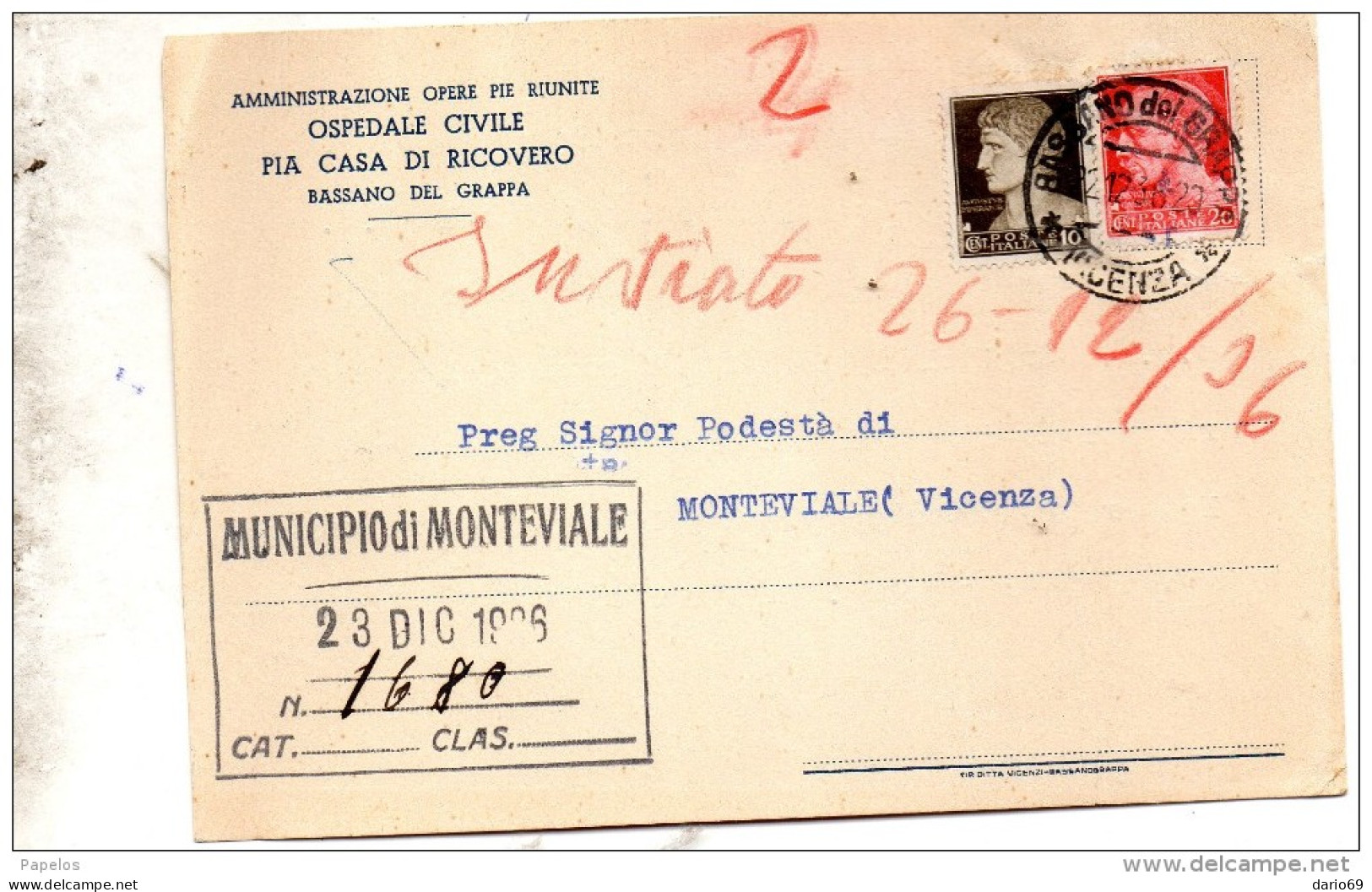1936 CARTOLINA CON ANNULLO BASSANO DEL GRAPPA VICENZA - Marcophilie