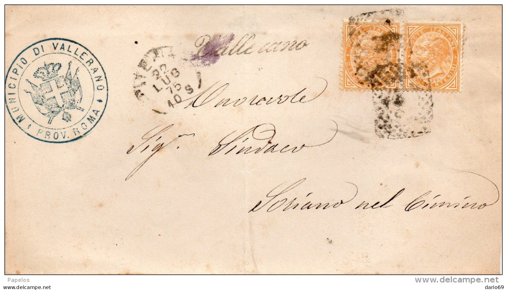 1875   LETTERA CON ANNULLO VALLERANO IN CORSIVO ROMA - Poststempel