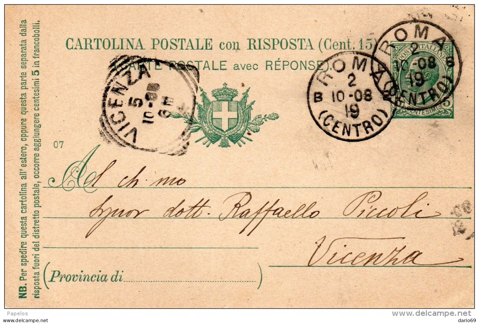 1908     CARTOLINA CON ANNULLO  ROMA - Postwaardestukken