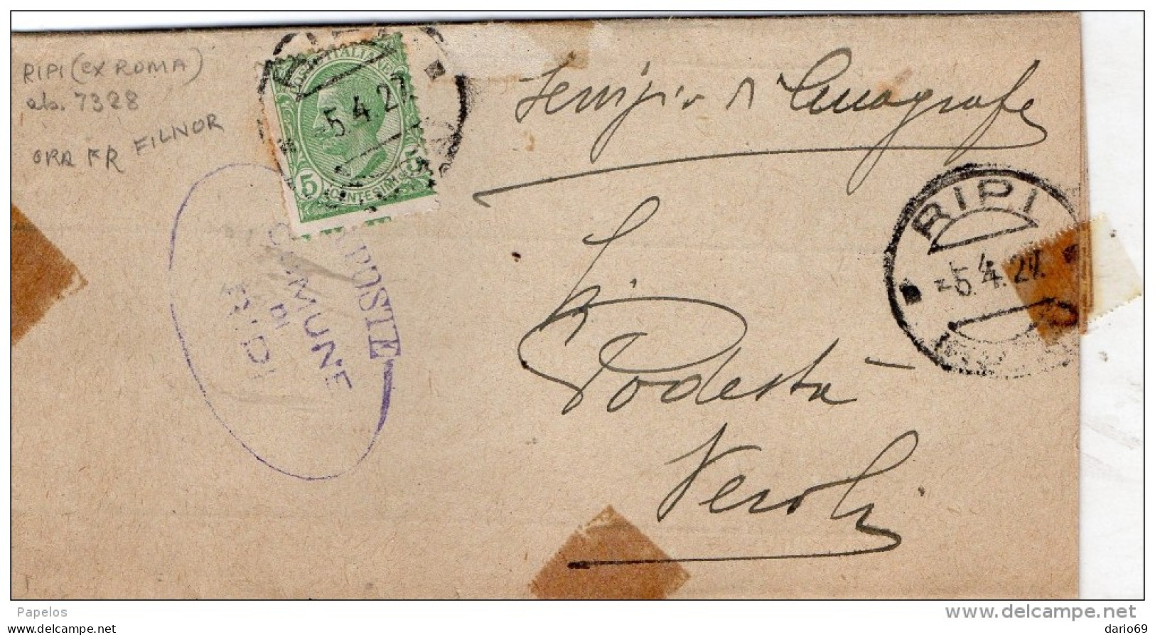 1927  LETTERA CON ANNULLO RIPI  ROMA - DENT. SPOSTATA - Storia Postale