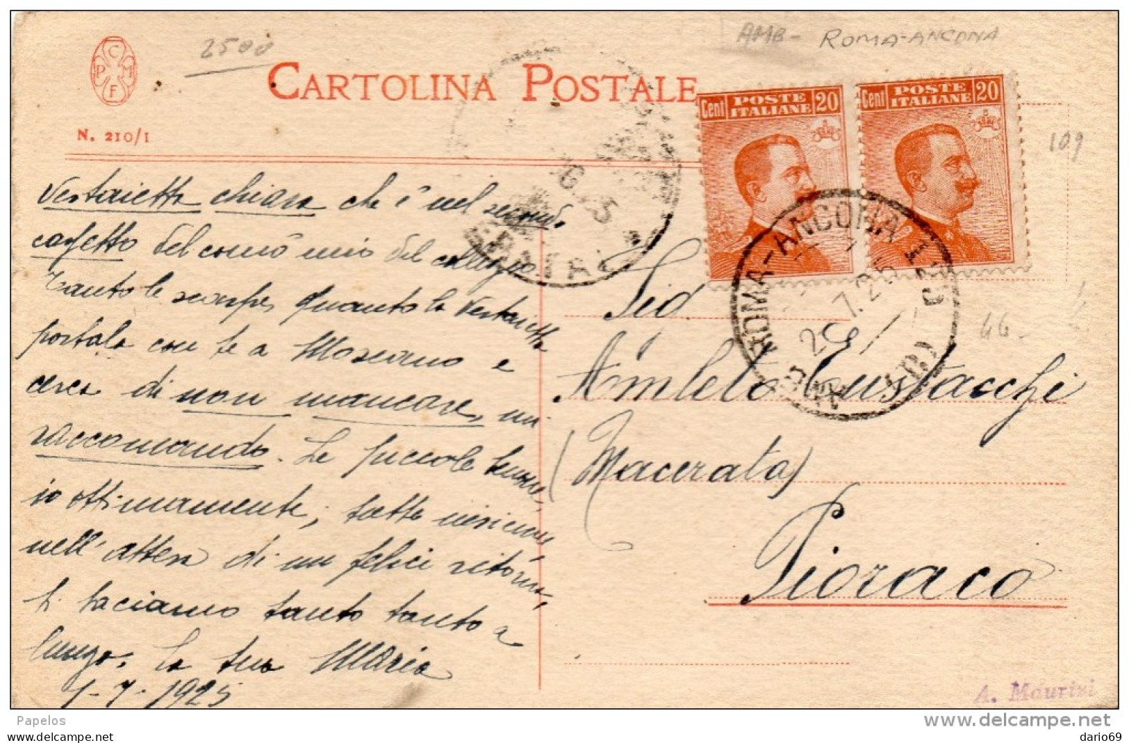1925   CARTOLINA CON ANNULLO AMBULANTE ROMA -  ANCONA - Storia Postale