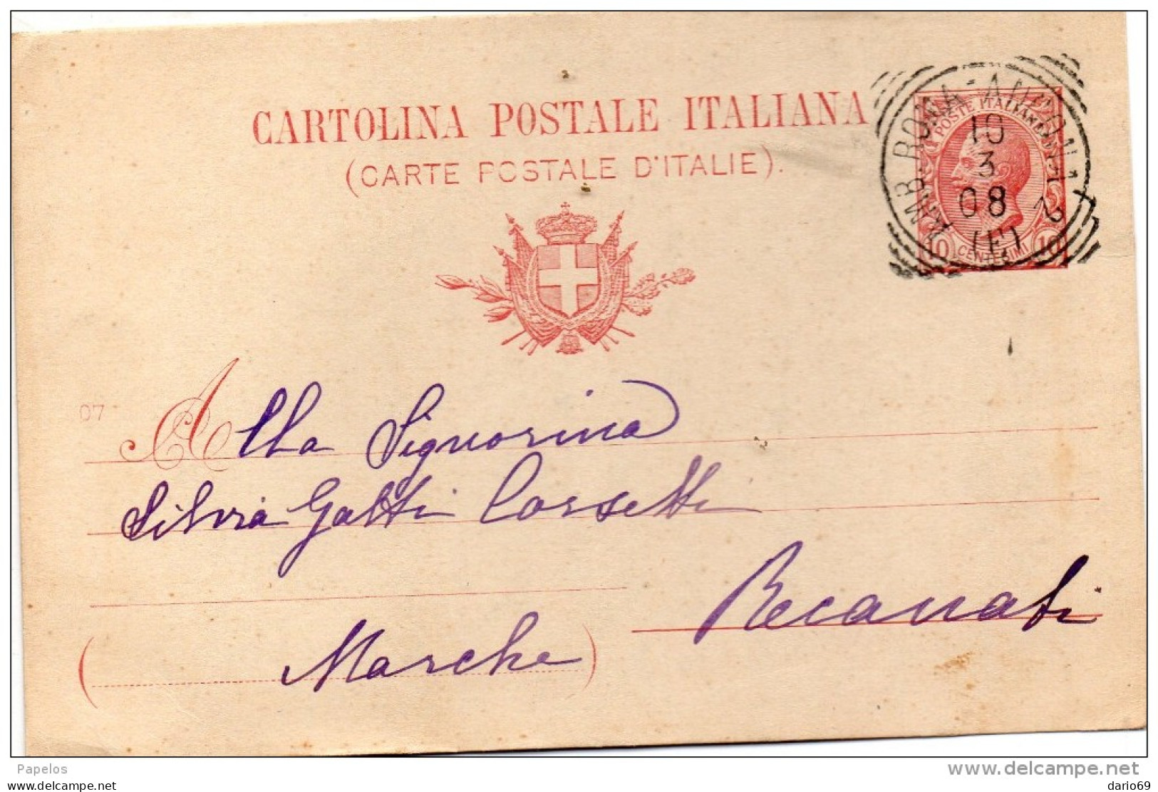 1908     CARTOLINA CON ANNULLO  AMBULANTE ROMA - ANCONA - Entiers Postaux