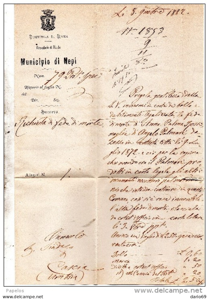 1882    LETTERA CON ANNULLO NEPI VITERBO +  CIVITA CASTELLANA - Marcophilia