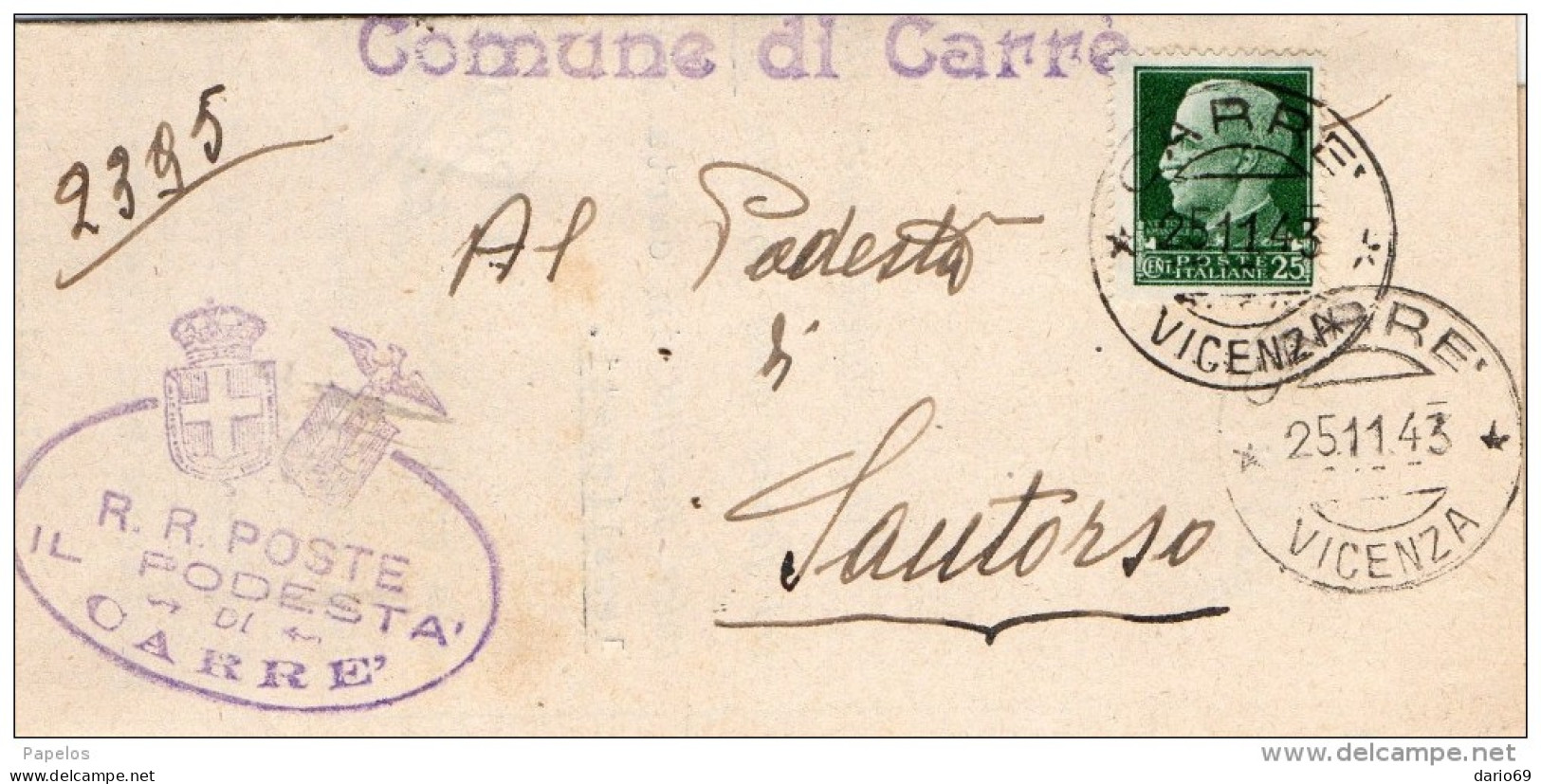1943  LETTERA CON ANNULLO CARRE' VICENZA - Marcophilie