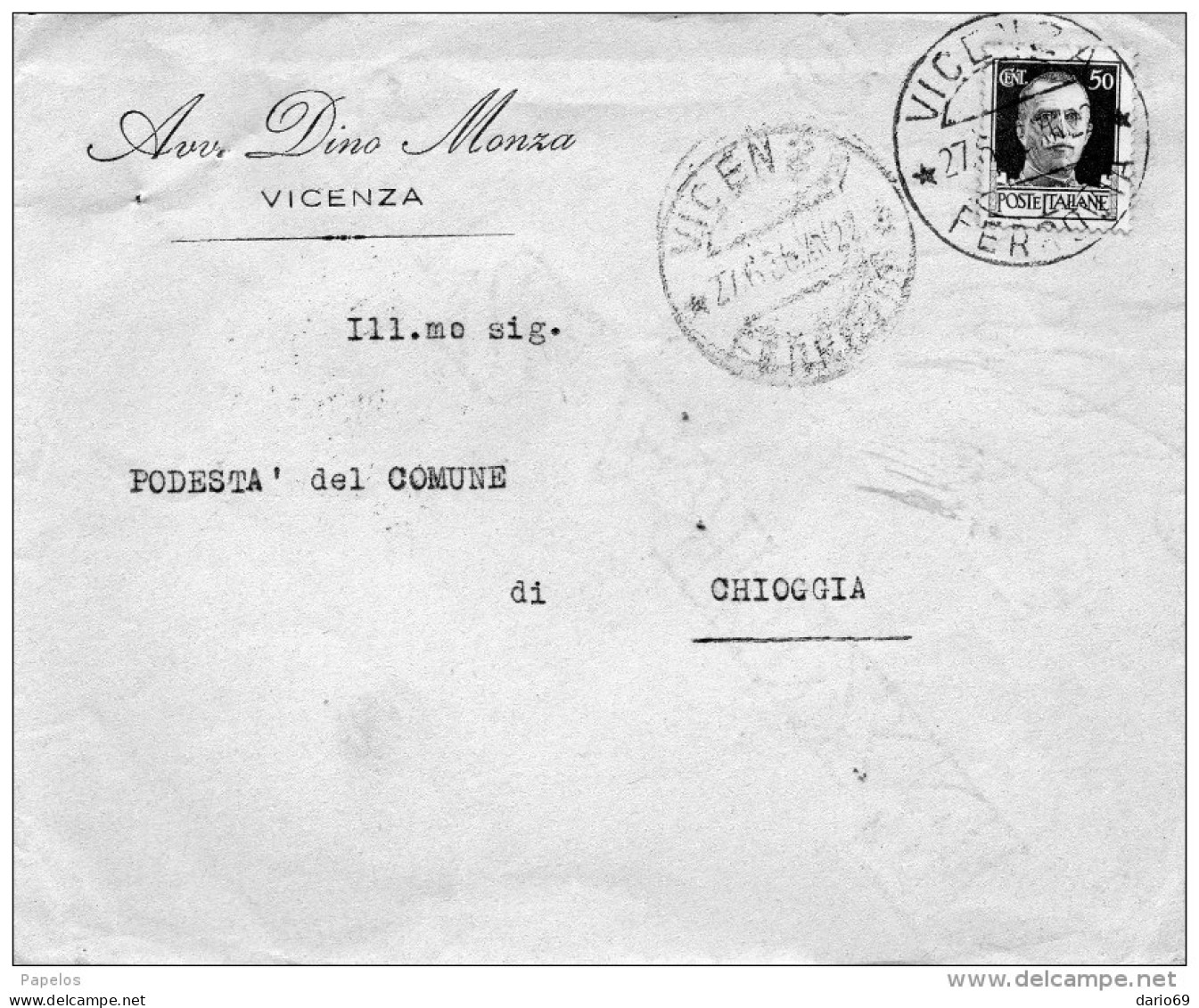 1936  LETTERA CON ANNULLO  VICENZA - Marcophilie