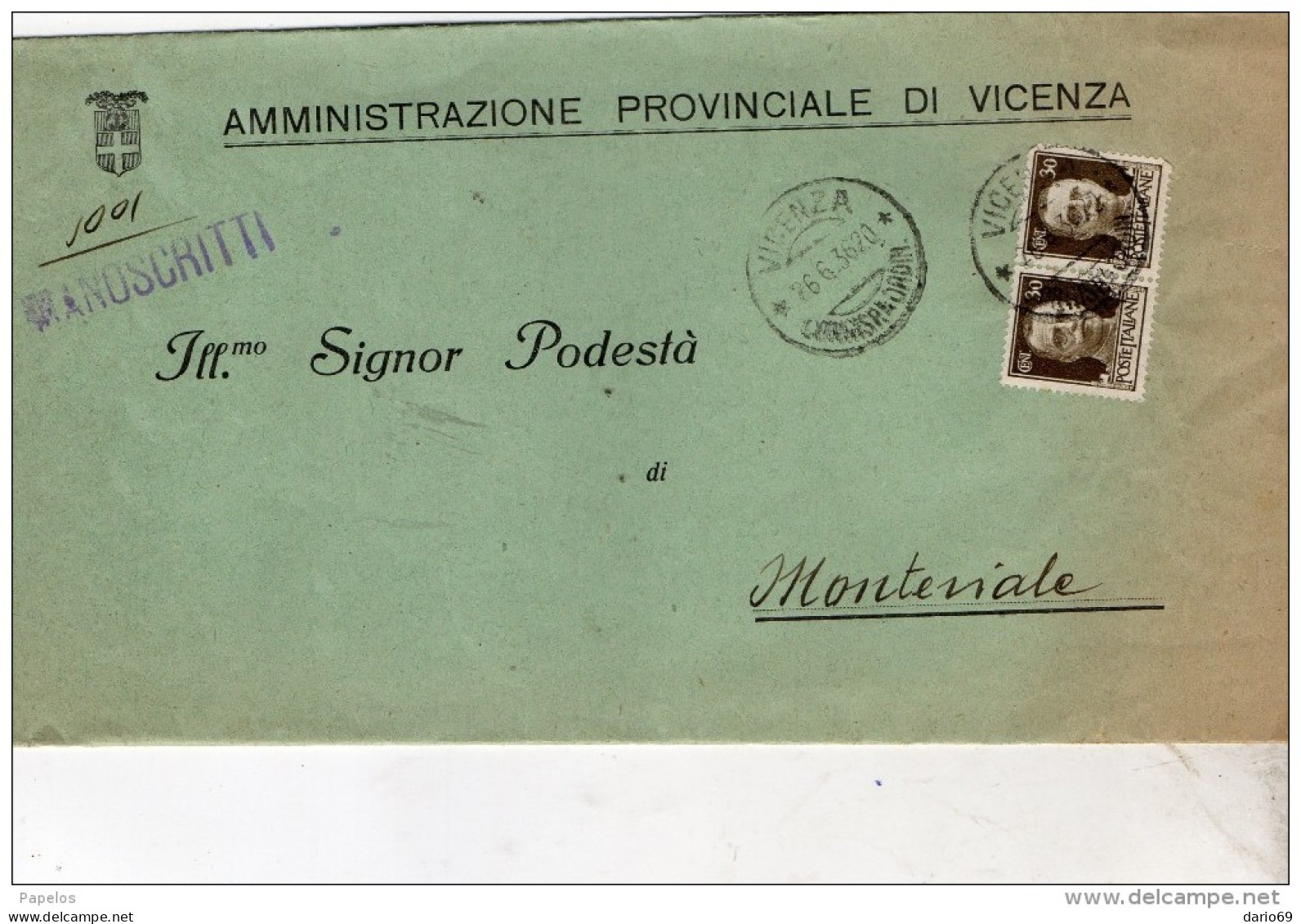 1936  LETTERA CON ANNULLO  VICENZA - Poststempel