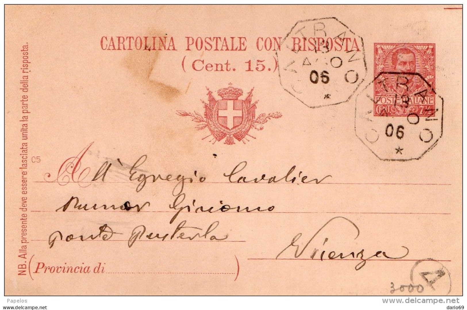 1906  LETTERA CON ANNULLO CALTRANO VICENZA - Postwaardestukken