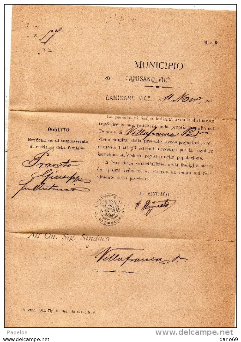 1904  LETTERA CON ANNULLO CAMISANO VICENZA - Marcofilie