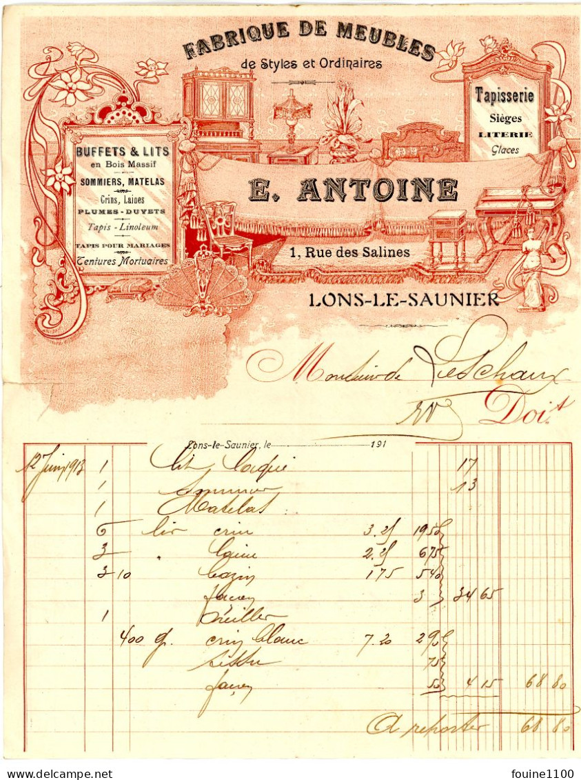 FACTURE Illustrée Fabrique De Meubles E. ANTOINE 1 Rue Des Salines à LONS LE SAUNIER 39 Jura - 1900 – 1949