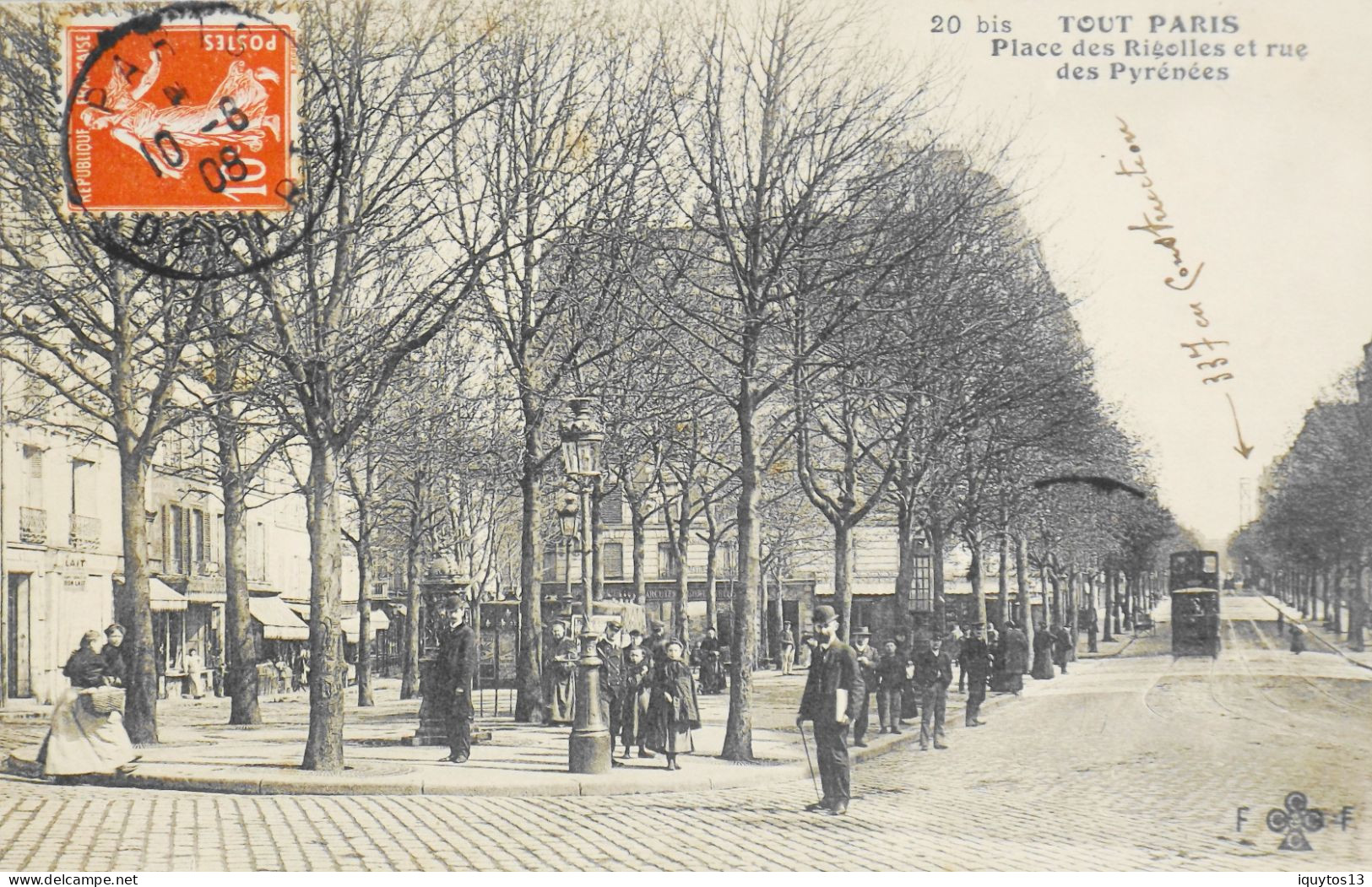 CPA. [75] > TOUT PARIS > N° 20 Bis - PLACE DES RIGOLLES ET RUE DES PYRENEES - (XXe Arrt.) - 1908 - TBE - Paris (20)